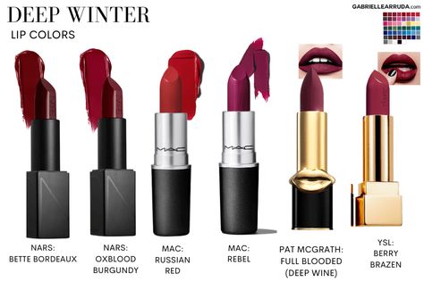 Lip Color For Deep Winter, Foundation For Deep Winter, Deep Winter Drugstore Lipstick, Lipsticks For Winters, Make Up For Deep Winter, House Of Colour Winter Makeup, Winter Pallete Makeup, Deep Winter Blush Color, Blush For Deep Winter