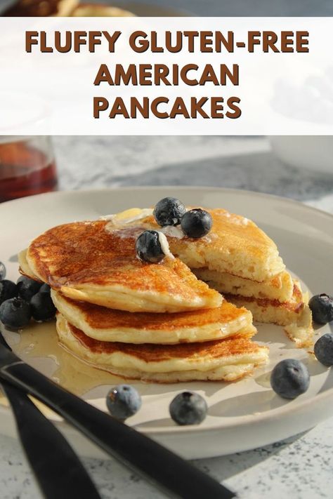 Gluten-free American Pancakes in a white plate with berries Gluten Free Flour Pancakes, Gluten Free Pancake Mix Recipe, Gf Pancake Recipe, Gluten Free Dairy Free Pancakes, Gf Pancake, Gluten Free Pancakes Easy, Fluffy Gluten Free Pancakes, Gf Pancakes, Egg Free Pancakes