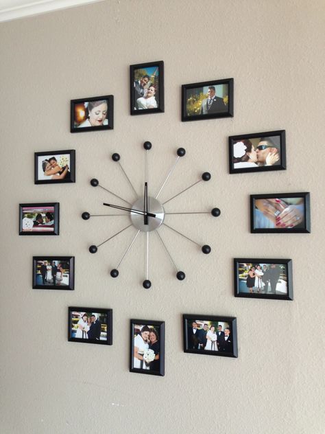 Photo collage wall clock Photo Wall Clocks, Frame Wall Collage, Tv Stand Decor, Family Wall Decor, Home Decor Baskets, Tv Decor, Unique Wall Decor, Home Room Design, Design Living