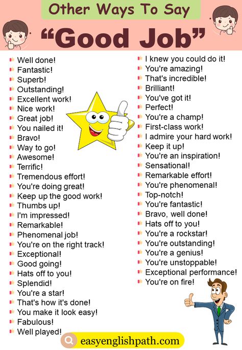 Other Ways to Say “Good Job” In English. Different Ways to Say Good Job in English Things To Say Instead Of Good Job, Other Ways To Say Good Job, Ways To Say Good Job, Learning Grammar, Job Poster, Other Ways To Say, Parenting Education, Speaking Activities, Girls Stuff