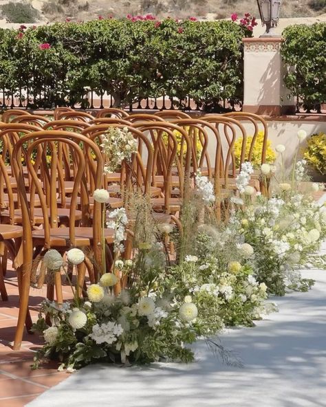 Whimsical Aisle Flowers, Wedding Flowers Wild, Wildflower Wedding Aisle, Ceremony Installation, Aesthetic Shots, Wedding Ceremony Seating, Aisle Flowers, Malibu Wedding, General Ideas