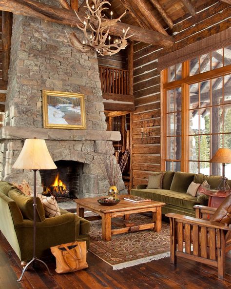 Yellowstone Traditions on Instagram: “Distressed wood flooring and towering, wood-beamed ceilings are brought together with a grand fireplace. - Project: Big Sky Residence…” Yellowstone Living Room, Yellowstone Home, Yellowstone Lodge, Penthouse Living Room, Craftsman Living Room, Budget Friendly Living Room, Montana Winter, Transitional Living Room Design, Beautiful Room Designs