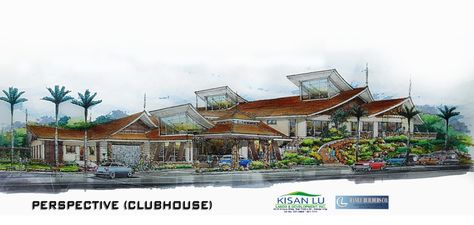 Rendered watercolor Perspective of Clubhouse subdivision Watercolor Perspective, Davao City, House Plan Gallery, Davao, Architecture Portfolio, Club House, House Plans, Cabin, House Styles