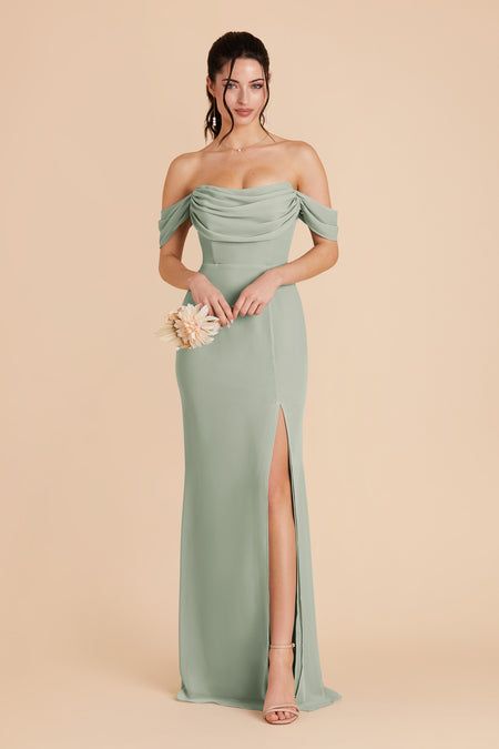 Shop Bridesmaid Dresses Starting at $99 | Birdy Grey Sage Green Dresses Bridesmaid, Fancy Bridesmaid Dresses, Cowl Neck Gown, Sage Bridesmaid Dress, Bridesmaid Stuff, Fairy Tale Romance, Bridesmaid Dress Chiffon, Beach Bridesmaids, Arabic Wedding