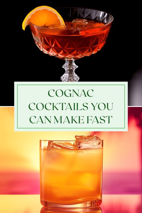 Craving delicious cocktails? Discover how to create 35 quick and tasty cognac cocktails! From classic treats like Sidecars and Vieux Carré to uniquely flavorful ones like Banana Bliss and The Napoleon, there's something for every palate. Enjoy the layers of rich oils, spices, and fruity aromas that cognac brings to each sip. Whether you prefer sweet to bittersweet, check out these easy recipes you can whip up in minutes for your next gathering or cozy night in. Explore the magic of cognac in cocktails today! French Connection Cocktail, Cognac Mixed Drinks, Drinks With Cognac, Cognac Drinks Cocktails, Courvoisier Cocktails, Armagnac Cocktail, Cava Cocktails, Vieux Carre Cocktail Recipe, Cognac Cocktails