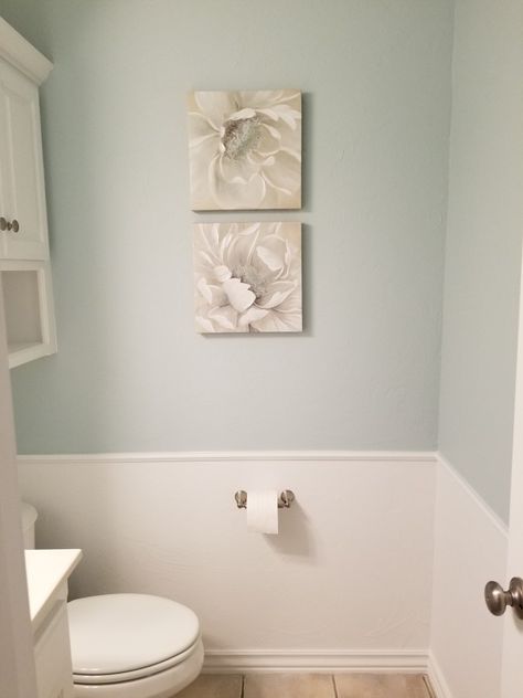 Sherwin Williams Tradewind Bathroom, Sw Tradewind Bathroom, Aqua Blue Paint Colors, Sw Tradewind, Tradewind Sherwin Williams, Coastal Powder Room Ideas, Paint Ideas Kitchen, Coastal Powder Room, Beadboard Wall