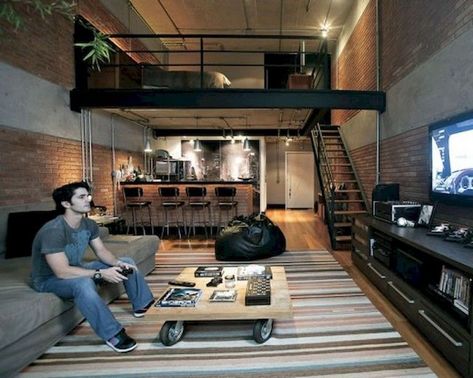 Small Home Loft Ideas, Apartment Loft Ideas, Loft Apartment Decorating, Industrial Loft Design, Tiny Loft, Loft House Design, Apartment Loft, Loft Interior Design, Small Loft