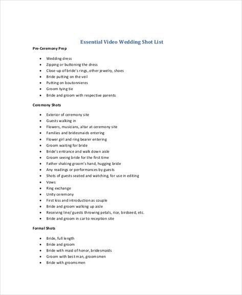 Essential Video Wedding Shot List Template , Essential Elements to Be Involved in Shot List Template Making , Shot list template is used to visualize the story greatly before it takes to production process. The way to do is by putting several important elements to the column. Wedding Videographer Must Have Shots, Wedding Video Checklist, Wedding Videography Tips, Shot List For Wedding Photographer, Wedding Videography Shot List, Wedding Videographer Checklist, Wedding Videography Checklist, Wedding Shot List For Photographer, Wedding Videography Videos