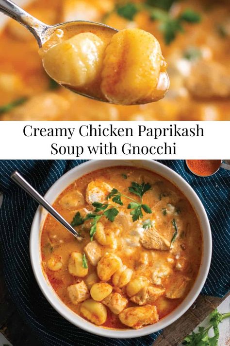 Looking for a new soup recipe? This Creamy Chicken Paprikash Soup with Gnocchi is such an easy recipe! #30MinuteMeals #ChickenRecipe #ChickenSoup #SoupIdeas #DinnerIdeas #Soups #EasyRecipe #DinnerRecipes Chicken Paprikash Soup Recipe, Chicken Paprikash Soup, Paprikash Soup, Soup With Gnocchi, Chicken Paprikash With Dumplings, Hungarian Chicken Paprikash, Chicken Paprikash, Roasted Red Pepper Soup, Red Pepper Soup