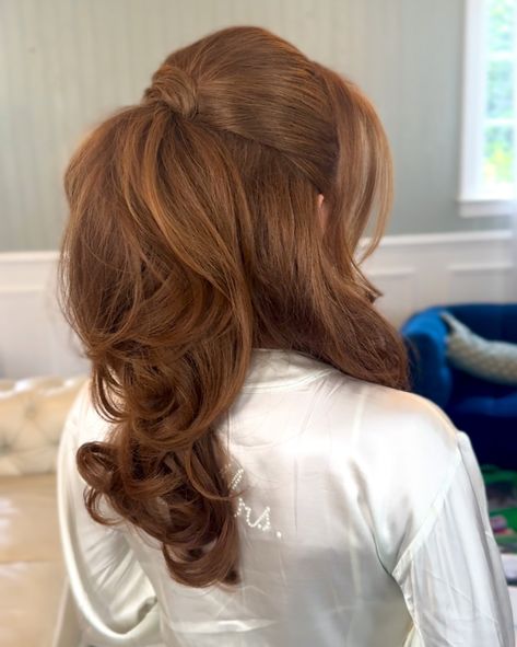 It’s true… if you’re undecided or in between hairstyles, you might need to do more than one trial! My sweet bride thought she wanted a chic, clean & classic updo so we tried the hairstyle in the first photo. Although she loved it, she was really being pulled towards a half-up so she came in for a 2nd trial (second photo). She really thought she wanted glam waves as her curl type but after more thought she came to 2 conclusions: 1. She definitely wanted to go with a halfup- it just felt mor... Half Up Half Down Blowout, Voluminous Blowout, Blowout Curls, Wedding Hair Makeup, Wedding Hair Half, Glam Waves, Classic Updo, Beauty Content, Charlotte Wedding