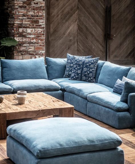 Reconnect with ancient culture through sofas made with enduring craftsmanship passed down from generations. #timothyoulton #noblesouls… | Instagram Jean Couch Living Room, Denim Couch Living Room Color Schemes, Denim Couch Living Room Ideas, Denim Couch, Blue Velvet Sofa Living Room, Blue Couch Living, Denim Sofa, Denim Furniture, Green Sofa Living