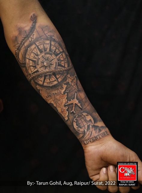 Tatoos Men Travel, Compass Tricep Tattoo, Watch Tower Tattoo, Traveling Sleeve Tattoo, Map Sleeve Tattoo, Men Compass Tattoo Ideas, Map Tattoo Sleeve, Rope Tattoo Design, Compass Forearm Tattoo