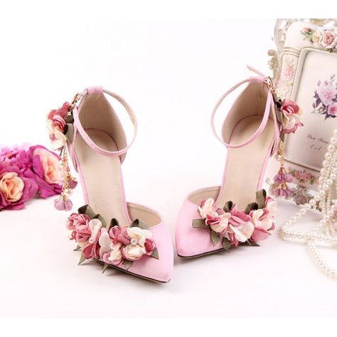 Pink Wedding Heels Ankle Strap Floral Closed Toe Sandals for Bridesmaid for Wedding, Big day, Honeymoon | FSJ Pink Bridal Shoes, Lace Bridal Shoes, Wedding Shoes Pumps, Flower Princess, Flower Heels, Party High Heels, Tassel Sandals, Bridal Wedding Shoes, Crystal Heels