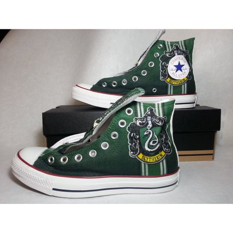 Harry Potter Slytherin Custom Converse All Stars ($90) ❤ liked on Polyvore featuring shoes, harry potter, converse, hogwarts, slytherin, flat shoes, converse footwear, checkered shoes and converse shoes Slytherin Converse, Slytherin Shoes, Harry Potter Converse, Harry Potter Shoes, Slytherin Fashion, Slytherin Crest, Harry Potter Accessories, Art Harry Potter, Harry Potter Merch