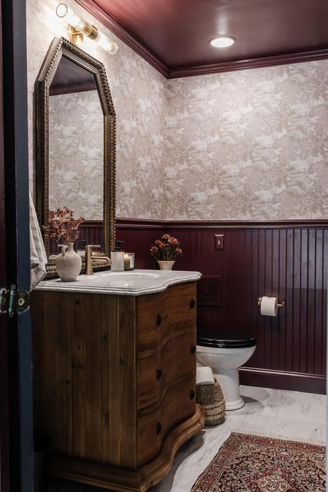 Southern Half Bath, Brown Powder Room Ideas, Artsy Powder Room, Vanity Same Color As Wall, Colonial Half Bath, Half Bath Trim Ideas, Old World Powder Room, Benjamin Moore Salamander Bathroom, Ralph Lauren Powder Room