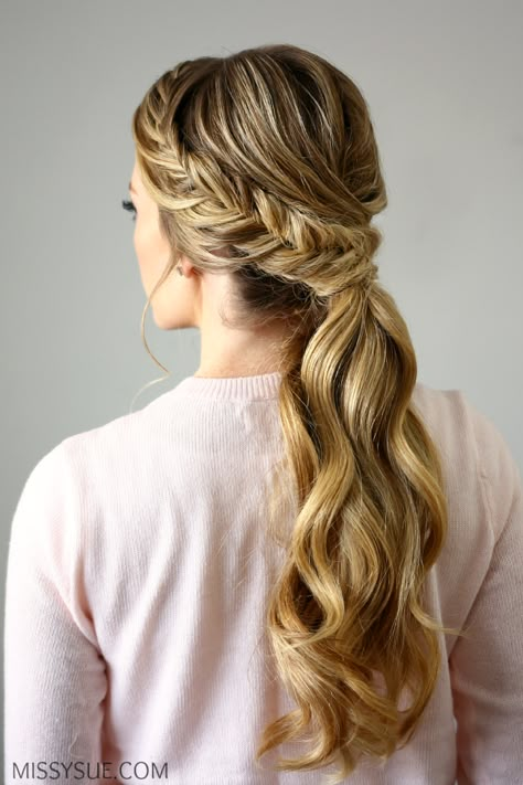 Fishtail Embellished Ponytail Cute Ponytail Hairstyles, Prom Hair Updo, Braided Ponytail Hairstyles, Fishtail Braid, Classy Style, Spring Hairstyles, Prom Hairstyles, Braided Ponytail, Fish Tail Braid