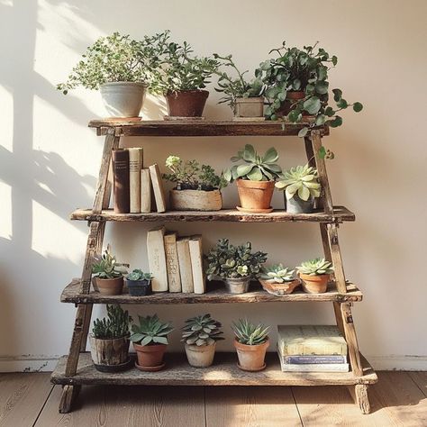 Rustic wooden ladder plant stand with potted succulents and green plants, creating a serene indoor green space for home decor. Indoor Herb Garden Aesthetic, Plant Storage Indoor, Plant Set Up Indoor, Home Greenery, Indoor Plant Display, Plant Arrangement, Potted Succulents, Greenery Decor, Plant Shelf