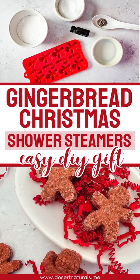 handmade gingerbread Christmas shower steamers, and bowls of ingredients, essential oils and supplies needed to make Gingerbread shower bombs Christmas Shower Steamers, Shower Steamer Recipe, Bath Bomb Recipe Easy, Shower Steamers Diy, Diy Spa Gifts, Easy Gingerbread, How To Make Gingerbread, Gingerbread Gifts, Gingerbread Diy