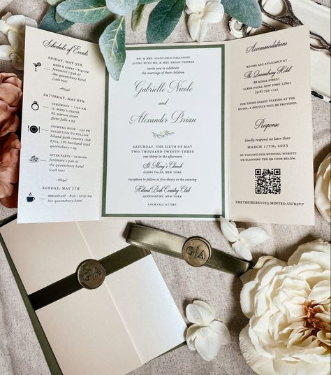 Sage green tones on a trifold invite with a copper stamp Wedding Invitation Trifold, Trifold Invitation Wedding, Trifold Wedding Invitations, Trifold Invitation, Drawing Wedding Invitation, Traditional Wedding Invitations, 2024 Wedding, Invitation Wedding, Green Tones