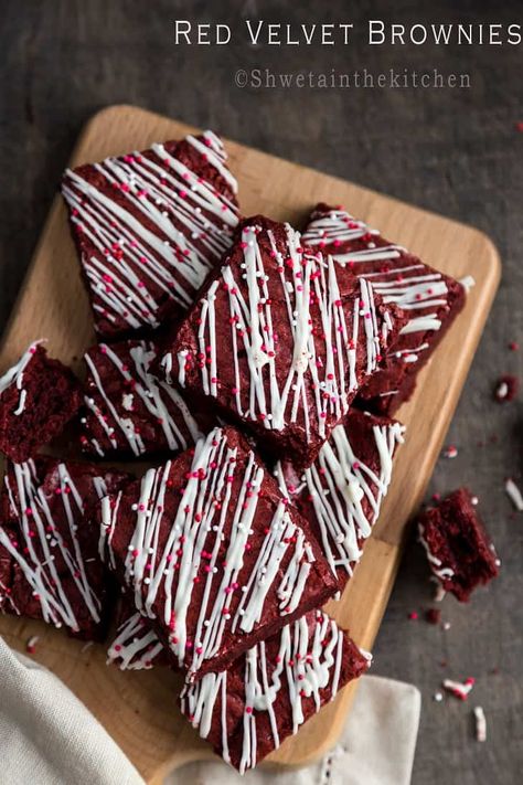 Red Velvet Brownies - Shweta in the Kitchen Red Velvet Brownies Recipe, Decorated Brownies, Velvet Brownies, Red Velvet Flavor, Dessert Halloween, Red Velvet Brownies, Valentines Food, Velvet Cake, Savoury Cake