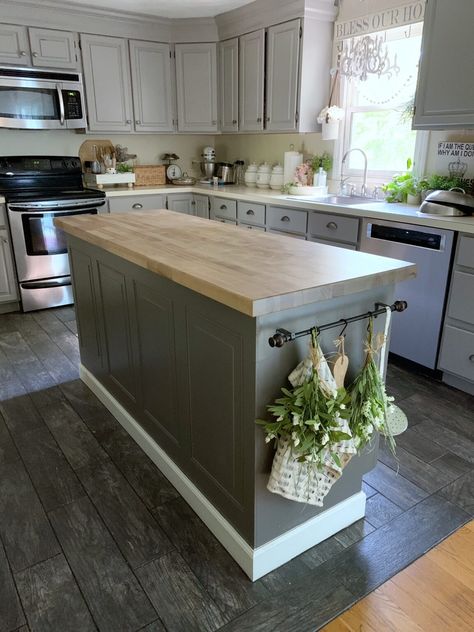 Painted Kitchen Island With Butcher Block Top, Butcher Block Island Small Kitchen, Kitchen Island With Towel Bar, Butcher Block Counter Island, Small Kitchen Island With Butcher Block Top, Diy Kitchen Island For Small Kitchen, Small Farmhouse Island, Cheap Diy Kitchen Island, Small Eat In Kitchen Island