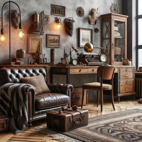 7 Masculine Home Decor Ideas » HomeDecorFull Home Offices For Men, Vintage Office Design, Masculine Home Decor, Masculine Home, Dark Academia Interior, British Decor, Masculine Interior, Masculine Decor, Vintage Home Office