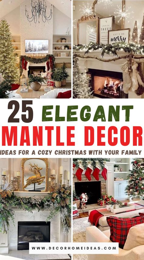 Wondering how to adorn your mantle? Explore 25 charming Christmas mantle decor ideas, from classic garlands to personalized ornaments. Elevate your holiday ambiance now! Christmas Tree On Mantle, Christmas Decor For Mantle Fireplaces, Christmas Mantle With Mirror, Mantle Ideas Fireplace, Christmas Mantles Ideas Fireplaces, Christmas Mantle Decor Ideas, Christmas Mantle Decor Fireplaces, Elegant Mantle Decor, Mantle Christmas Decor Ideas