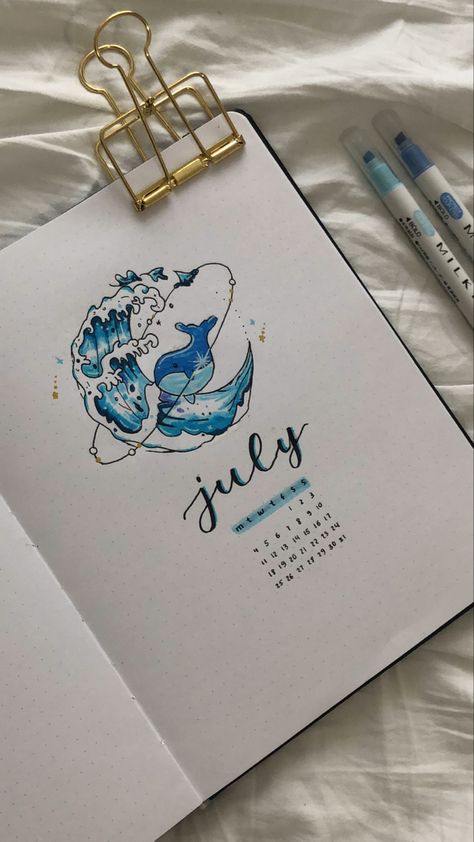 Cr: @kotose.journal (insta) July Bullet Journal Cover by @had.aylin (tiktok,insta) Kotose Journal, July Journal Cover, July Journal Ideas, Bullet Journal 2024 Cover, Bullet Journal July Cover, 2023 Bullet Journal Cover, Bullet Journal Juli, Journal Aesthetic Cover, July Bullet Journal Cover