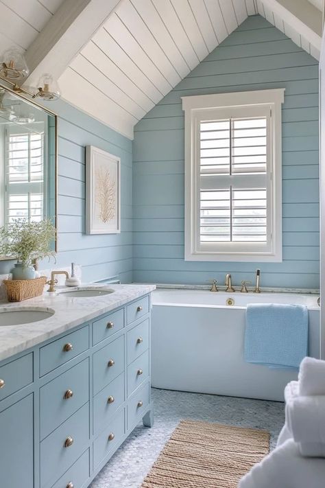 "Create a serene retreat with a Modern Coastal Bathroom! 🚿🌊 Perfect for blending beachy vibes with contemporary elegance. 🌟✨ #CoastalBathroom #ModernDecor #HomeInspiration" Beach House Master Bath, Beachy Bathrooms, Understairs Ideas, Coastal Farmhouse Bathroom, Modern Coastal Bathroom, Modern Coastal Design, Modern Coastal Farmhouse, Pure Salt Interiors, Beachy Bathroom