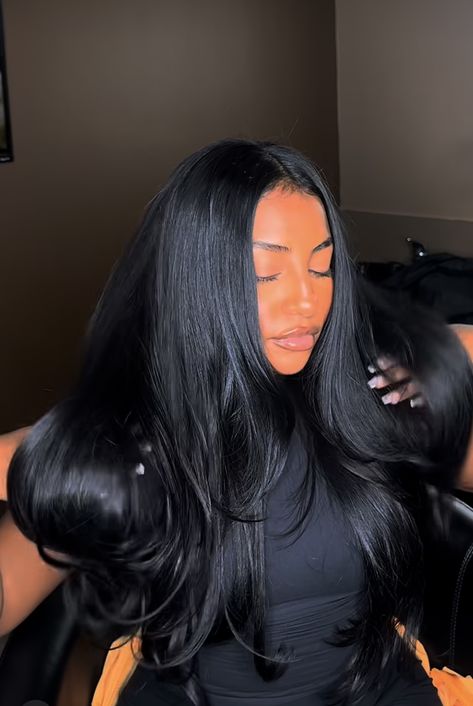 Jet Black Hair Color Ideas Pale Skin, Long Flipped Hair, Jet Black Middle Part Sew In Leave Out, Black Sleek Hair, Jet Black Hair Color Black Women, Long Black Hair With Extensions, Straight Black Hair Black Women, Thermal Styles Hair, Jet Black Natural Hair Black Women