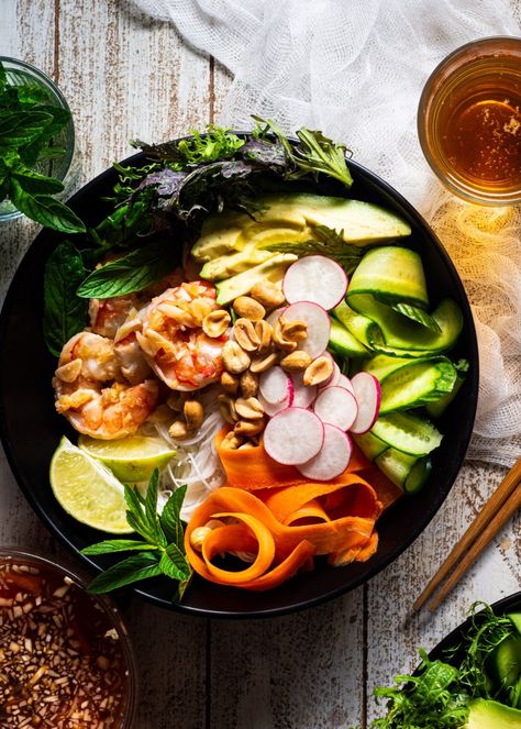 Shrimp Vermicelli, Lemongrass Shrimp, Vermicelli Bowl, Seafood Stock, Mini Cucumbers, Marinated Shrimp, Sambal Oelek, Cast Iron Griddle, Rice Vermicelli