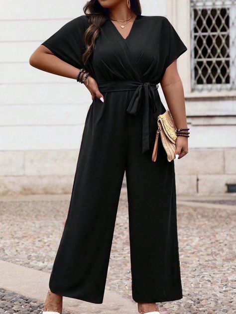 SHEIN LUNE Plus Size Casual Solid Color Batwing JumpsuitI discovered amazing products on SHEIN.com, come check them out! White Women Dresses, Breast Tape Lift, Jumpsuit Black, Plus Size Jumpsuit, Elegant Dresses Long, Kids Sleepwear, Plus Size Casual, Bat Wings, Elegant Dress