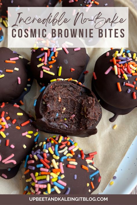 Brownie Energy Bites, Cosmic Brownie Truffles, No Bake Brownie Truffles, No Bake Goodies, Easy Transportable Desserts, Cosmic Brownies Cookies, Healthy Dessert For Two, Easy Egg Free Desserts, Healthy Cosmic Brownies