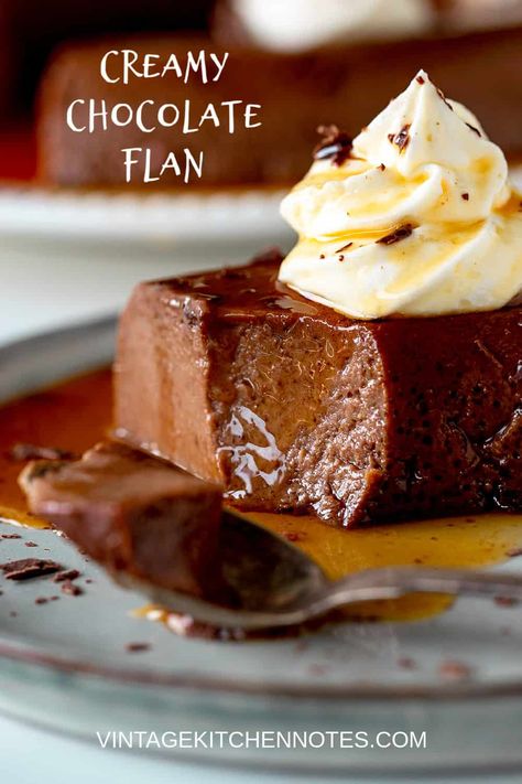 Flan is one the most wonderful egg-based custards you will ever have. Very popular in Latin and Spanish cooking, this version has condensed milk which gives it a creamy, luxurious texture. This chocolate version is outstanding and easier to make than what you might think. And, I added a step-by-step video to guide you, so there's really no excuse. Flavored Flan Recipe, Flavored Flan, Different Flan Flavors, Cake Flan Recipe, Flan Flavors, Luxury Desserts, Chocolate Flan Recipe, Chocolate Flan Cake, Flan Recipe Easy