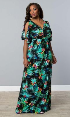 Coastal Cold Shoulder Dress Chiffon Styles, Cold Shoulder Maxi Dress, Tropical Dress, Aichi, Tropical Palm, Latest African Fashion Dresses, African Print Fashion, Palm Print, Plus Size Maxi Dresses