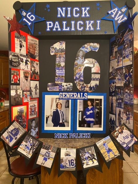 Hockey Senior Boards, Hockey Collage Ideas Pictures, Senior Night Posters Hockey, Basketball Senior Board Ideas, Senior Hockey Boards, Senior Football Board Ideas, Volleyball Senior Board Ideas, Hockey Senior Night Posters, Senior Night Trifold Board