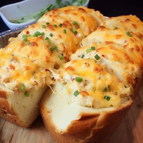 Cracked Crab Cheese Bread Crab Cheese Bread, Cracked Crab Cheese Bread, Cheesy Crab Bread, Crab Bread Cheesy, Cracked Bread, Crab Bread Recipe, Crackling Bread, Crab Croissants, Crab Bread