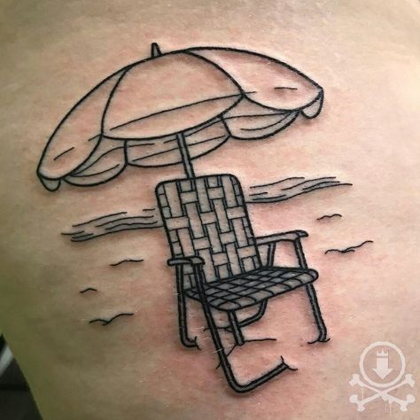 Fun line work beach chair tattoo by Tami Rose.  #12ozstudios #team12oz #tattoo #tattoos #tattooed #tattooing #tattooism #tattooart #tattooartist #tattooer #tattooist #art #artstudio #tattooshop #tattoostudio #ink #inked #linework #lineworktattoo #blackwork #blackworktattoo #beach #beachtattoo #seashore #vacation Beach Chair Tattoo, Chair Tattoo, Le Tattoo, California Tattoo, Beach Drawing, Summer Tattoo, Beach Tattoo, Retro Surf, Tattoo Bracelet