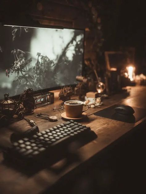 Enchant Your Workspace: Discover the Magic of Goblin Core Desks - Trendy Decor Work Home Aesthetic, Modern Dark Academia Decor, Vintage Pc Setup, Dark Academia Gaming Setup, Work At Home Aesthetic, Vintage Desk Setup, Aesthetic Pc Setup, Cozy Study Space, Cottage Core Office