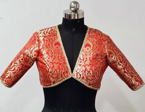 Buy Red Banarasi Brocade Custom Stitched Blouse Online in India - Etsy Banarasi Brocade Blouse Designs, Red Brocade Blouse Designs, Banaras Blouse Designs, Red Brocade Blouse, Banarasi Blouse, Brocade Blouse Designs, Engagement Saree, Puff Blouse, Blouse Designs High Neck