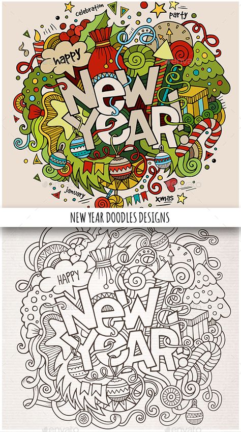 New Year Doodle 2023, Happy New Year Doodle Art, Happy New Year Painting Ideas, Happy New Year Calligraphy Design, New Years Eve Drawing, Happy New Year Art Ideas, New Year Doodle Art, Happy New Year Illustration Design, Happy New Year 2023 Drawing