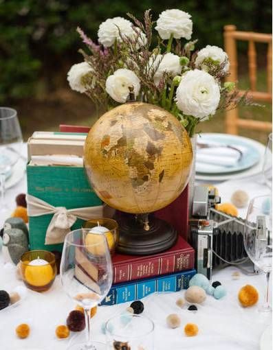 Books, Globes and Candles Centerpiece. Flowers can be expensive, so using other found objects can save some money. Non Floral Centerpieces, Vintage Travel Wedding, Vintage Travel Themes, Vintage Wedding Table, Travel Party Theme, Vintage Centerpieces, Unique Wedding Flowers, A Globe, Rustic Wedding Diy