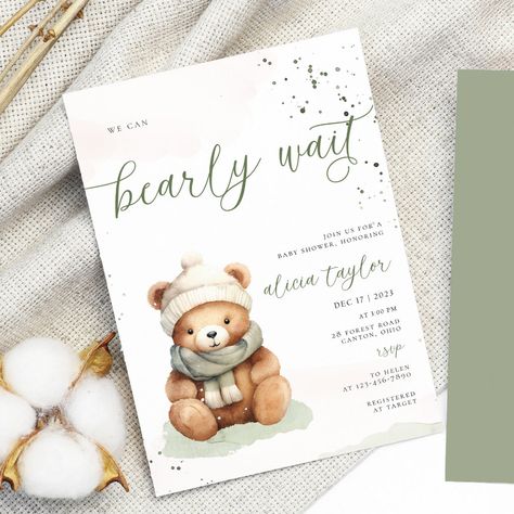 Coquette Brown, Sage Green Baby Shower, Green Baby Shower Invitations, Winter Baby Shower Invitations, We Can Bearly Wait, Green Baby Shower, Bearly Wait, Baby Shower Supplies, Teddy Bear Baby Shower