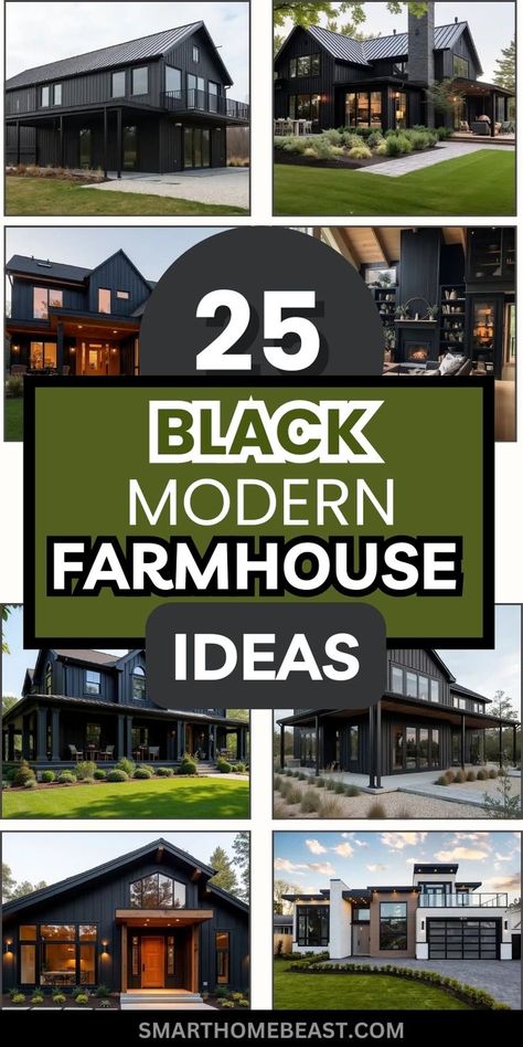 An image showcasing a variety of black modern farmhouse inspirations, featuring sleek kitchens, cozy living rooms, bold farmhouse exteriors, and stylish bedroom designs blending rustic charm with modern elegance. House Interior Black And Wood, 2 Story Modern Farmhouse Exterior, Black House Brown Trim, Black Color Scheme House, Black Board And Batten Siding, Black Exterior Farmhouse, Black Modern Farmhouse Exterior, Rustic Farmhouse Ideas, Moody Kitchens