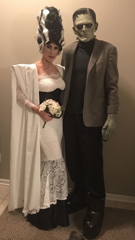 Bride Of Frankenstein Couple Costume, Frankenstine And Bride, Frankenstein Costume Men, Frankinstine And His Bride, Frankenstein Couple Costume, Frankenstein And Bride Costume, Bride Of Frankenstein Diy, Frankenstein Makeup For Men, Frankenstein Outfit