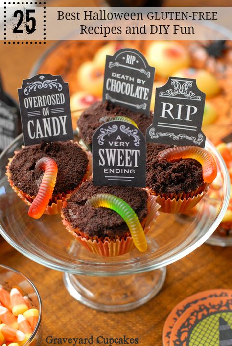 25 Best Halloween Gluten-Free Recipes and DIY Fun | BoulderLocavore.com Graveyard Cupcakes, Gluten Free Halloween Food, Pasteles Halloween, Gluten Free Halloween, Halloween Sweets, Halloween Cupcakes, Halloween Recipes, Free Halloween, Fete Halloween