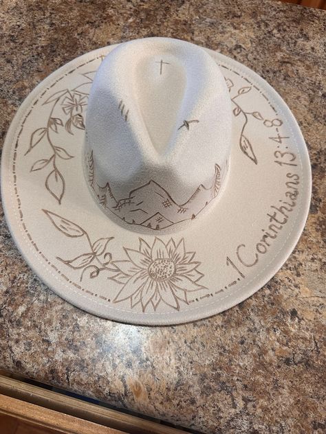 Personalized Verses Burned Onto Felt Cowboy Hats - Etsy Personalized Cowboy Hat, Burnt Hats Designs, Wood Burn Felt Hats, Cowboy Hat Burn Design, Custom Burned Felt Hats, Burnt Felt Hat Design, Wood Burned Hats, Fedora Burning, Pyrography Hats