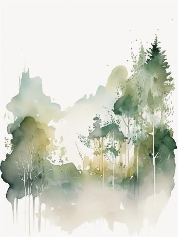 size: 12x9in Art Print: Forest Watercolor II by Lana Kristiansen : Spa Watercolor Art, Watercolor Paintings Of Trees, Cedar Tree Watercolor, Fairy Garden Watercolor Painting, Fairy Forest Watercolor, Watercolor Greenery Painting, Watercolor Shrubs, Abstract Forest Art, Watercolor Art Forest