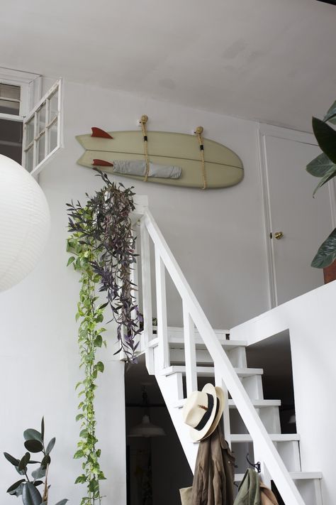 Plants Stairs, Surfboard Wall Rack, Wall Stairs, Hang Plants, Surfboard Storage, Surfboard Rack, Surf Room, Surfboard Wall, Space Apartments