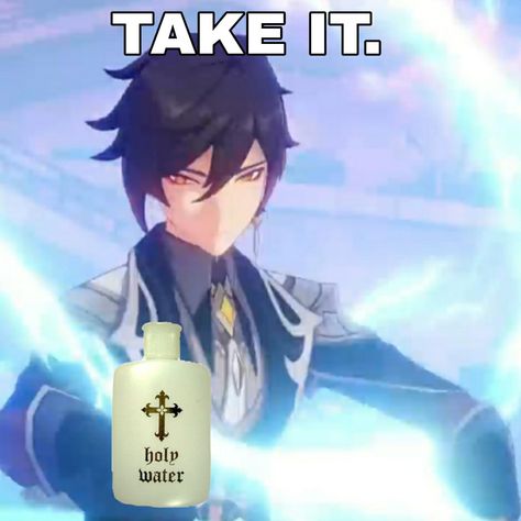 Zhongli Holy Water Reaction Pic, Holy Water Meme Funny, Angry Zhongli, Funny Zhongli, Zhongli God Form, Zhongli Smile, Holy Water Meme, Zhongli Funny, Cursed Genshin